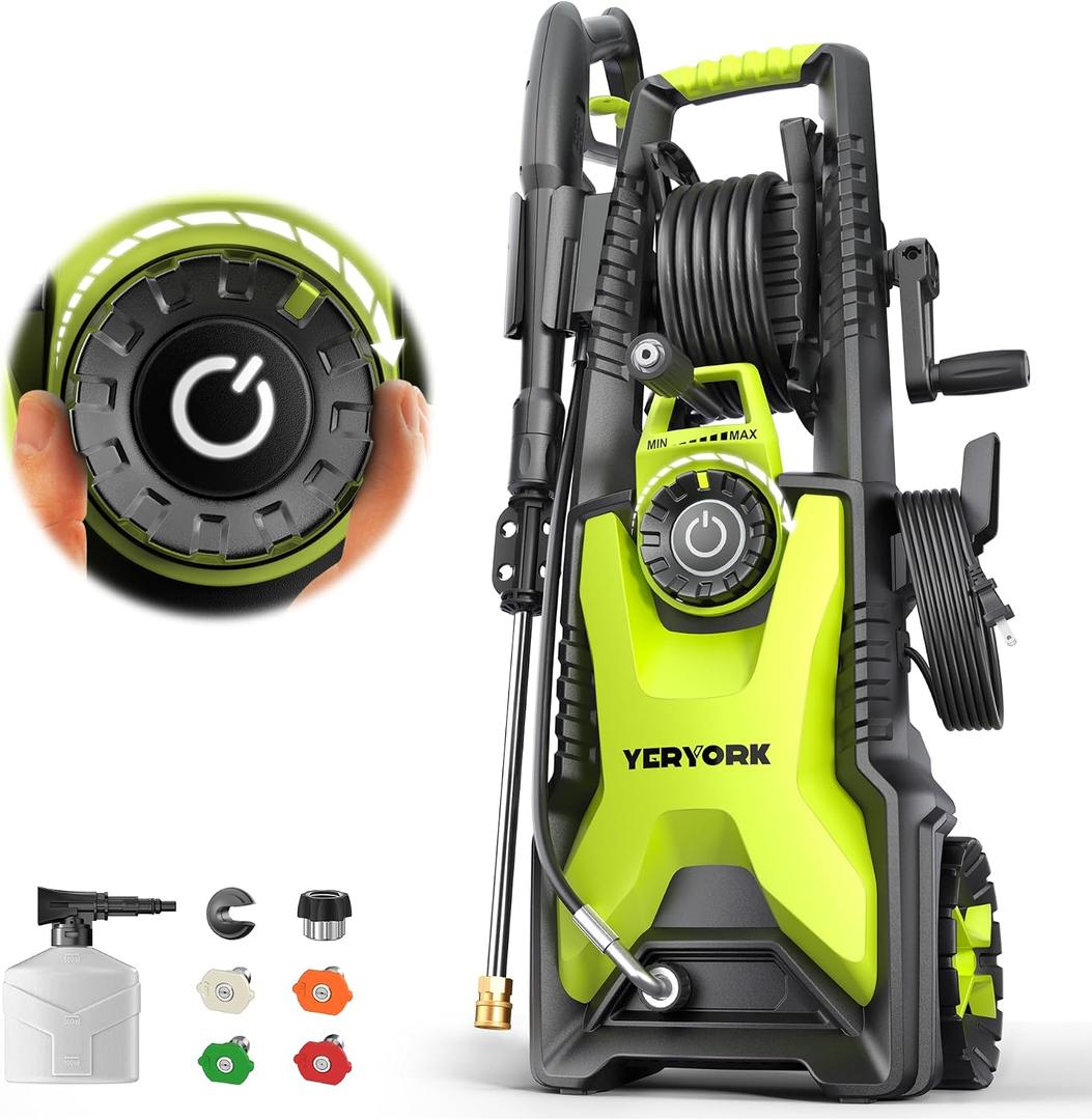Yeryork 5000 Max Adjustable PSI Pressure Washer,2.5 Max GPM Power Washer with 33 FT Retractable Hose Reel, Stainless Steel Lance, 500ml Foam Cannon, 4-Nozzle Set, Washer for Cars, Fences, Patios