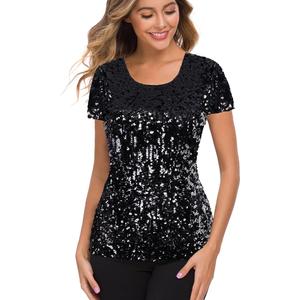 MANER Women’s Full Sequin Tops Glitter Party Shirt Short Sleeve Sparkle Blouses S 