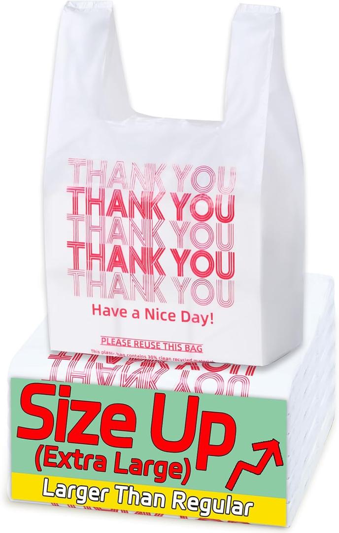 YovhVon Extra Large (13" x 8" x 23") X-Large Size up, 100 Count Plastic Bags with Handles, T-Shirt Bags, Thank You bags, Shopping Bag, Grocery bag, White, 1/5 Barrel, Plastic Bag, for Small Business