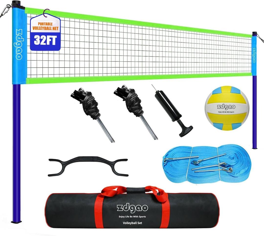 Volleyball Net Outdoor - Portable Volleyball Set for Backyard with Professional Volleyball Net, Wrap Yarn Volleyball and Pump, Boundary Line, Carry Bag, 32' x 3'