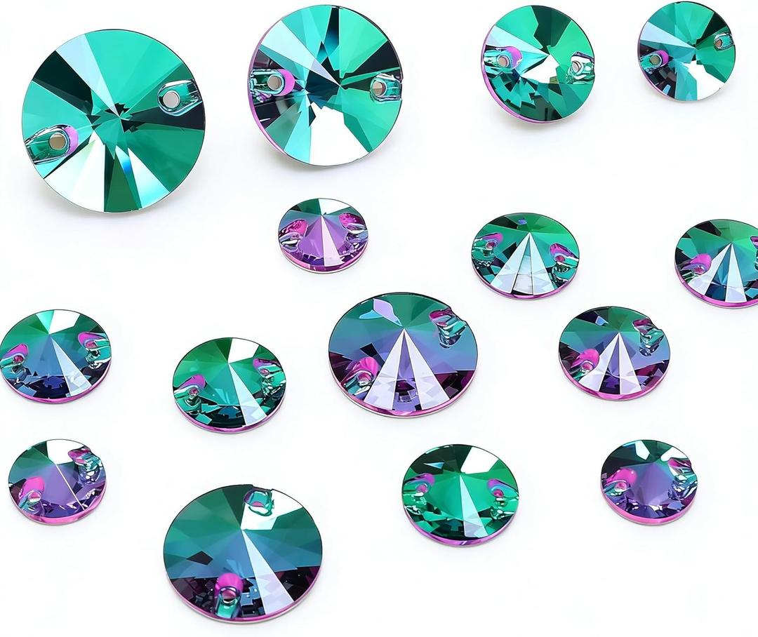 Sew On Rhinestone,Round Shape Flatback Sew On Crystal Mixed Size Sewing Gems with Holes for Clothes Shoes Costume Garment DIY CraftsGreen