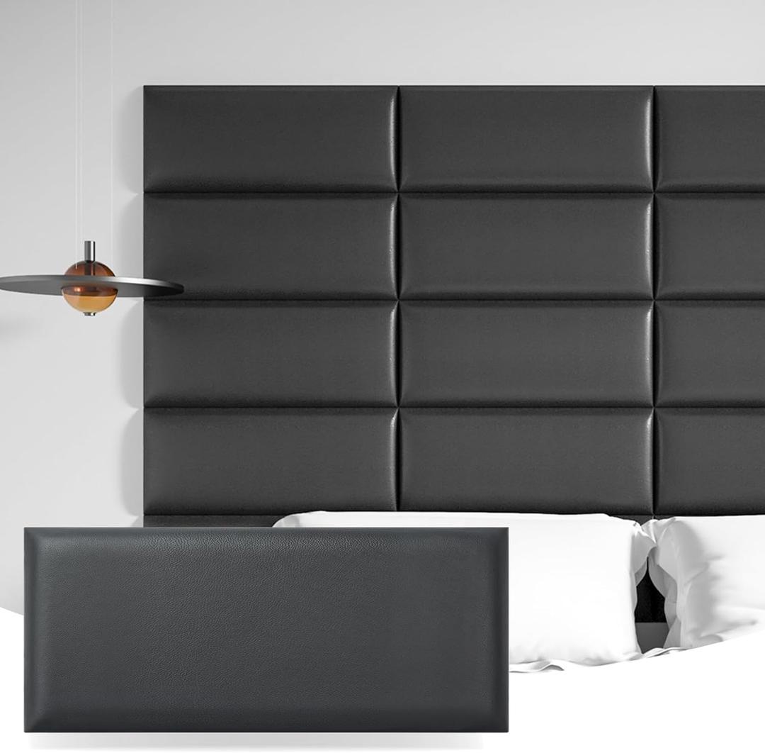Art3d Peel and Stick Black King Headboard, 12-Pack Upholstered Headboard for Queen, Full-Size Bed, Padded Wall Panel