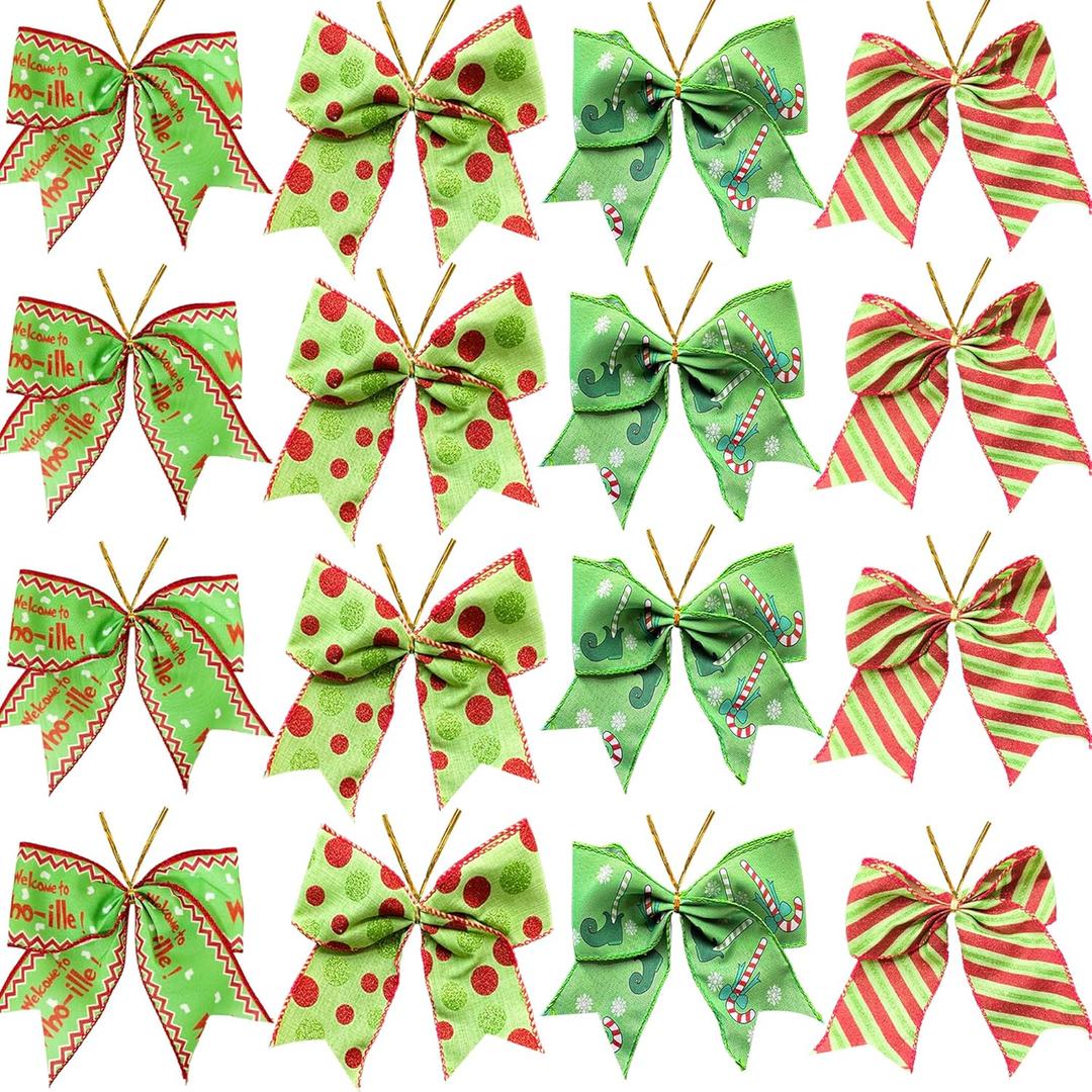 16 Pack Christmas Red Green Bows Ornaments for Tree, 6.2 Inch Xmas Glitter Dot Polyester Ribbons Wreath Bow,Decorations for Home Indoor Fence Door Railing Fireplace Garden Party Stairs Wedding Decor