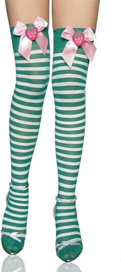 Womens Stripe Thigh Highs with Strawberry Pink Ribbon AccentsGreen