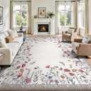 8x10 Area Rugs, Machine Washable Low Pile Floral Rugs for Living Room, Bedroom, Large Area Rug with Non-Slip Backing for Dining Room(Classic Beige)