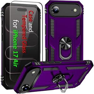 i Phone 17 Air Case, for iPhone 17 Air Case with Tempered Glass Screen Protector, Adjustable Kickstand Ring, Military-Grade Heavy Duty Protection, Shockproof, Anti-Fingerprint,Purple
