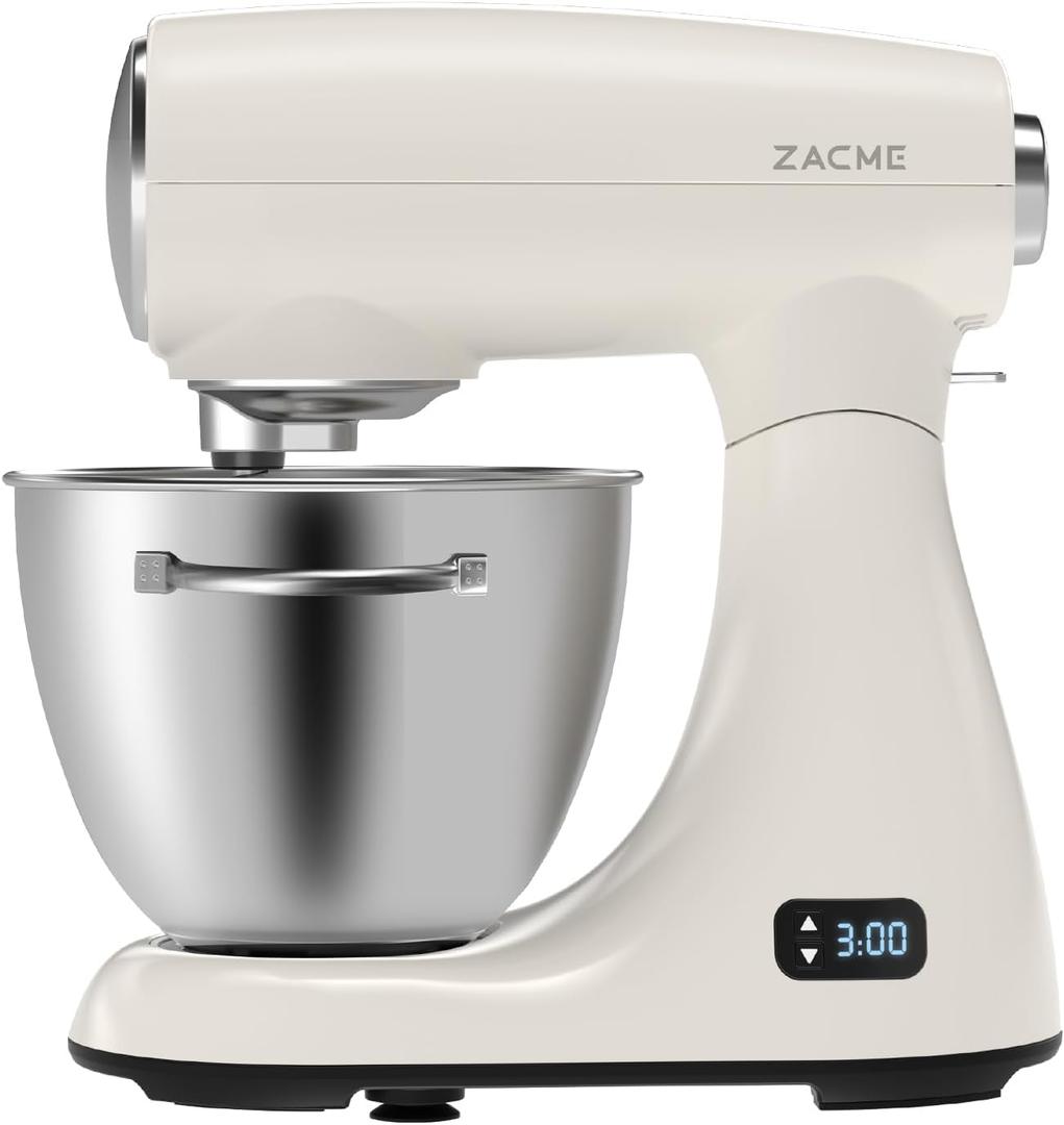 ZACME Mixers Kitchen Electric Stand Mixer 5.5QT 600W, Aluminum die casting and Gears, Dual Cooling System, Low Noise, DC Motor, LED Display and Timing Function, Tilt-head Metal Food Mixer, White ZACME Mixers Kitchen Electric Stand Mixer 5.5QT 600W, Aluminum die casting and Gears, Dual Cooling System, Low Noise, DC Motor, LED Display and Timing Function, Tilt-head Metal Food Mixer, White
