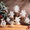 Sawysine 16 Pcs Glitter Wooden 3D Snowflake Decor Christmas Table Decorations Snowflake Signs Winter Wooden Xmas Standing Centerpiece Fireplace Decoration for Winter Holiday(White)