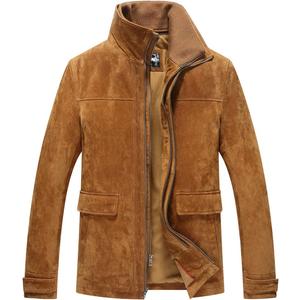 FLAVOR Men's Classic Leather Jacket Suede Winter Coat with Removable Collar (X-Large, Brown)