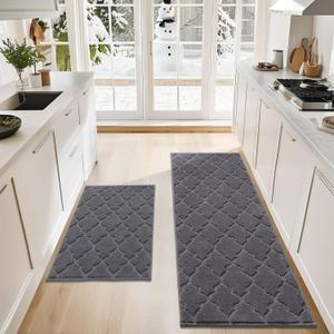 COSY HOMEER Soft Kitchen Rugs [2 PCS] for in Front of Sink Super Absorbent Kitchen Floor Mats and Mats 20x59 Inch/24X35 Non-Skid Kitchen Mat Standing Mat Washable,Polyester,Grey