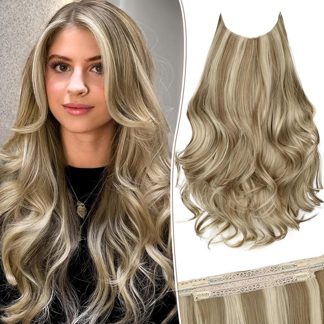 KooKaStyle Invisible Wire Hair Extensions Long Wavy Layered Synthetic Hairpieces with Transparent Wire Adjustable Size 6 Secure Clips Light Blonde Mixed Bleach Blonde for Women 20 Inch