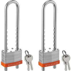 Padlock with Key, WULALACK 2 inch Wide Laminated Steel Keyed Padlock with Adjustable Shackle, Long Shackle Pad Lock with 2 Keys