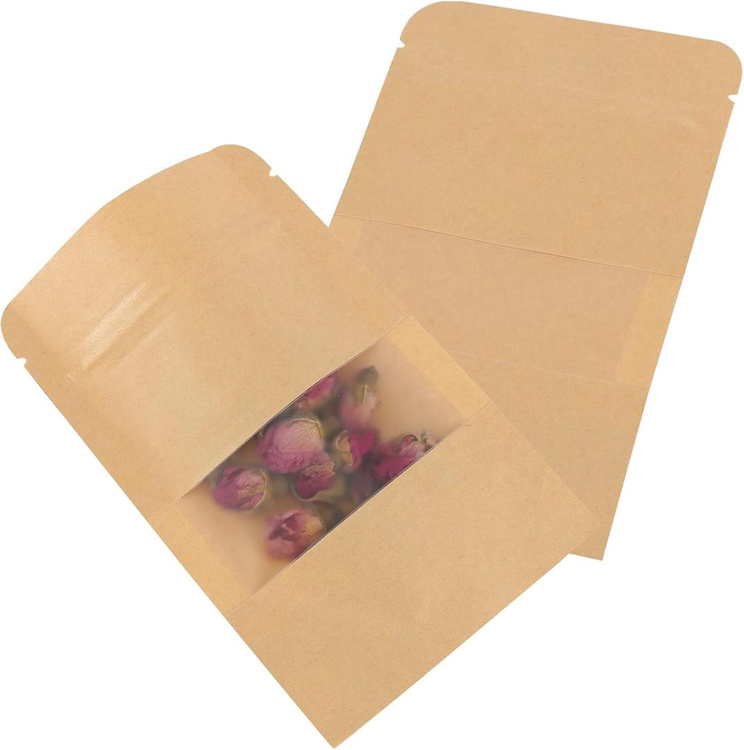 SHEUTSAN 500 Pack Kraft Bags with Window, 3.5 x 5.5 Inches Stand Up Storage Pouches Ziplock Sealing Packaging Paper Bag Resealable Sample Bags for home and business use