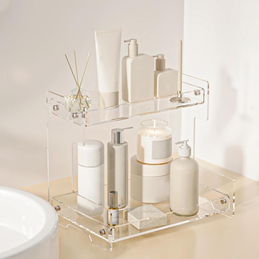 Bathroom Counter Organizer Countertop 2 Tier Storage Acrylic Corner Makeup Organizer for Perfume Stand, Vanity Holder, Dresser Tray, Spice Rack, Skincare, Coffee Bar, Room Decor (Clear) (11.4" x 8.2" x 10.2")