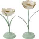 NIKKY HOME Tulip Taper Candle Holders Set of 2, Vintage Elegant Flower Shaped Metal Candlestick for Table Centerpieces, Spring Wedding Decor and Dinner Party, White & Green