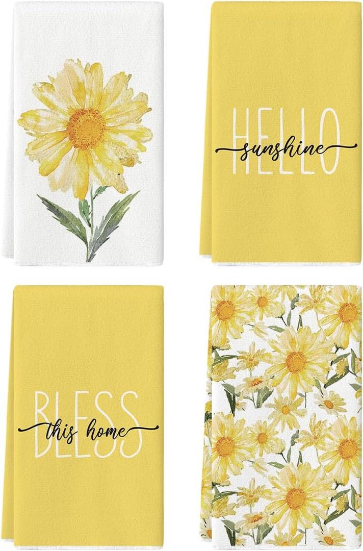Artoid Mode Yellow Hello Sunshine Daisy Bless This Home Spring Kitchen Towels Dish Towels, 18x26 Inch Seasonal Summer Decoration Hand Towels Set of 4