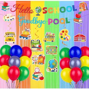 Welcome Back to School Decorations, Hello School Goodbye Pool Banner and Hanging Swirls Foil Fringe Curtain Balloons, First Day of School Classroom Home Party Decor Supplies
