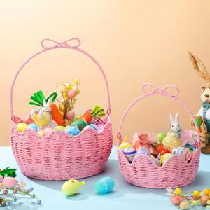 FoldTier 2 Pcs Pink Easter Gift Basket Empty with Handle Woven Paper Rope Easter Basket for Gifting, Storage, Gathering, Foraging, Garden Trug, Decoration Large & Medium, 12 x 10 x 6, 10 x 8 x 4