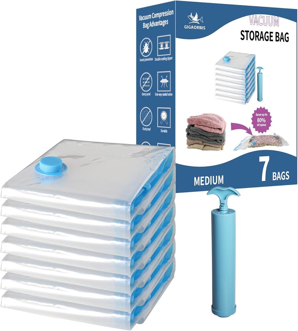 7 Pack Medium Space Saver Vacuum Storage Bags for Clothing Travel, Vacuum Seal Compression Bags for Clothes, Packing, Luggage, Blankets, Comforters and Pillows, Hand Pump Included