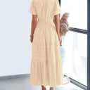 BTFBM Womens Summer 2026 Casual Midi Maxi Dresses Lightweight Short Sleeve V Neck Elastic Waist Boho Beach Dress Pockets (Apricot, Medium)