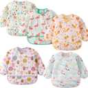 5 Pack Long Sleeve Bib,Baby Toddler Waterproof Sleeved Bib for 6-30 Months Reusable with Catch-all Pocket (Unicorn/Flamingo/Fox/Owl/Bird)