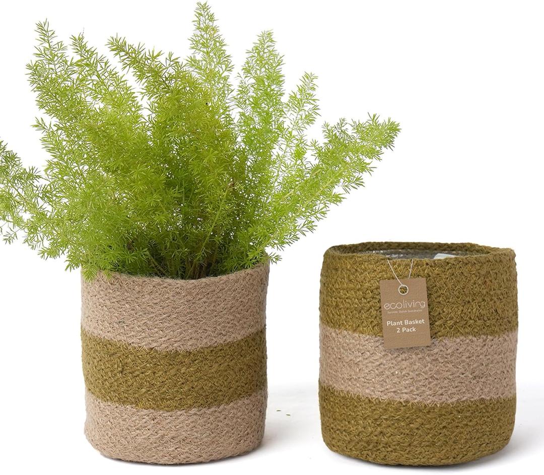 Jute Planter Basket-Woven Jute Rope Covers for Decorating Indoor/Outdoor Succulents, Small Plant Pots-Set of 2-Multi-Purpose Storage Bins 6.5 Inches - Modern Style Dcor- Olive & Natural