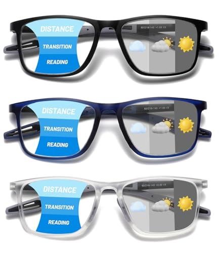 Hubeye Photochromic Progressive Reading Glasses for Men and Women Ultralight Flexible Anti-Blue Light Readers （Navy blue+Clear+Black，+1.5）