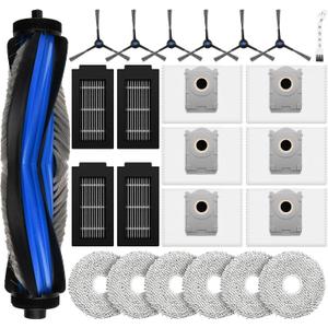 24 Pcs Replacement Parts for Ecovacs Deebot T50 Pro Omni / T50 Pro Omni Gen2 / T50 Omni Robot Vacuum, Include 1 Main Brush, 6 Dust Bags, 4 Filters, 6 Side Brushes, 6 Mop Pads and 1 Cleaning Tool