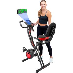 YYFITT 3-IN-1 Exercise Bike with Luminous Digits Display | Folding Stationary Bikes for Home Seniors | Compact Workout Bike with Fully Support Backrest - Wider Seat - 16 Level Magnetic Resistance (Red)