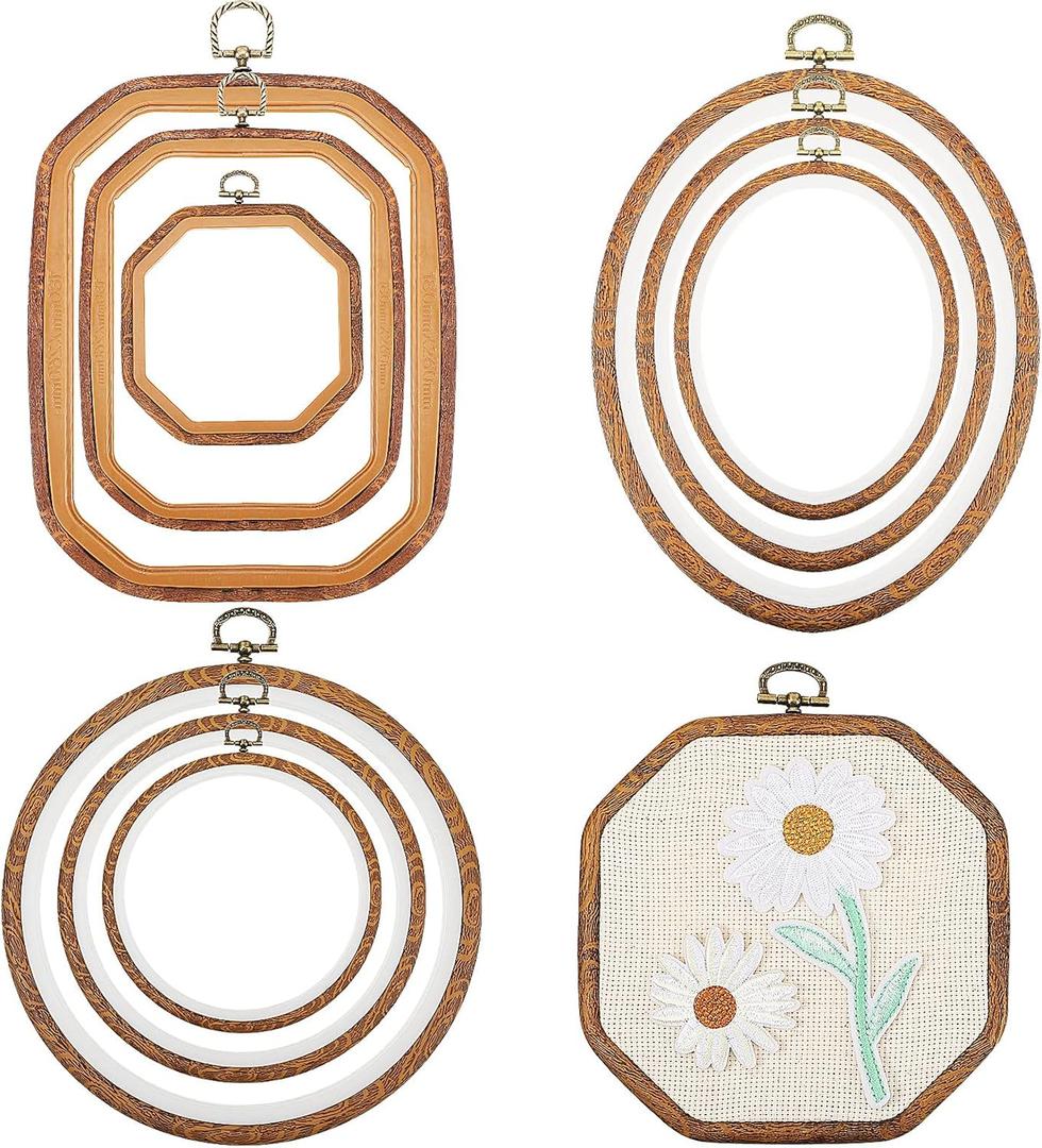 Qunclay 9 Pcs Large Embroidery Hoop Frame Decorative Imitated Wood Display Frame Circle Oval Octagonal Cross Stitch Hoop Ring for DIY Sewing Craft and Hanging Ornaments Decor (Mixed Shape)