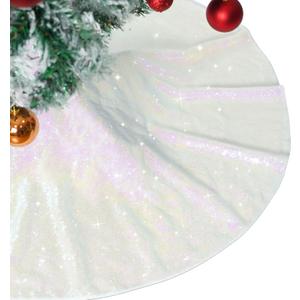 Christmas Tree Skirt 36" Round Sparkly Iridescent Sequin White Ornaments Xmas New Years Party Decorations