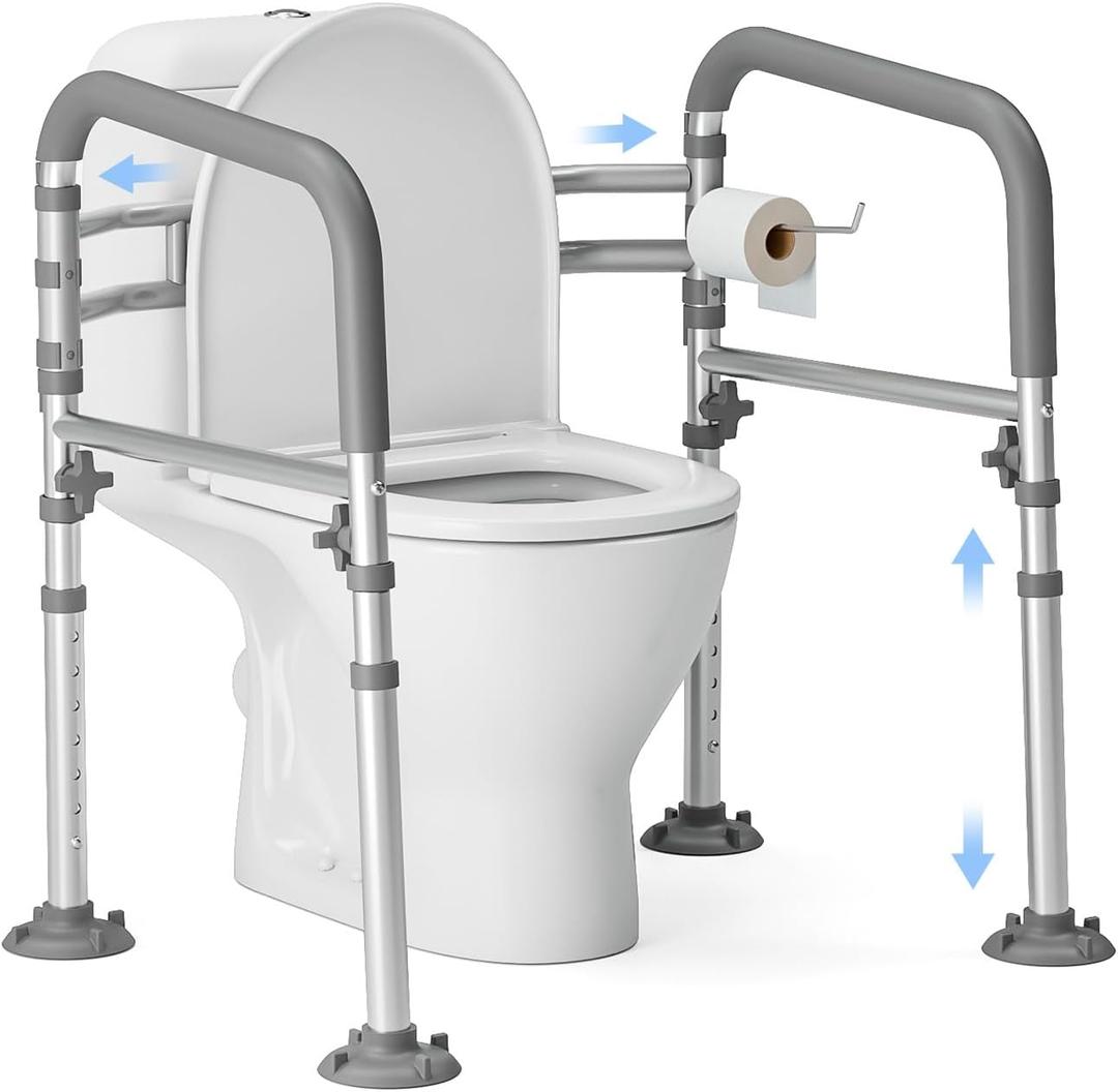 Foldable Toilet Safety Rails for Seniors - Adjustable Toilet Safety Frame & Toilet Handles for Elderly & Disabled, Fits Most Toilets, 350lb Capacity, Gray