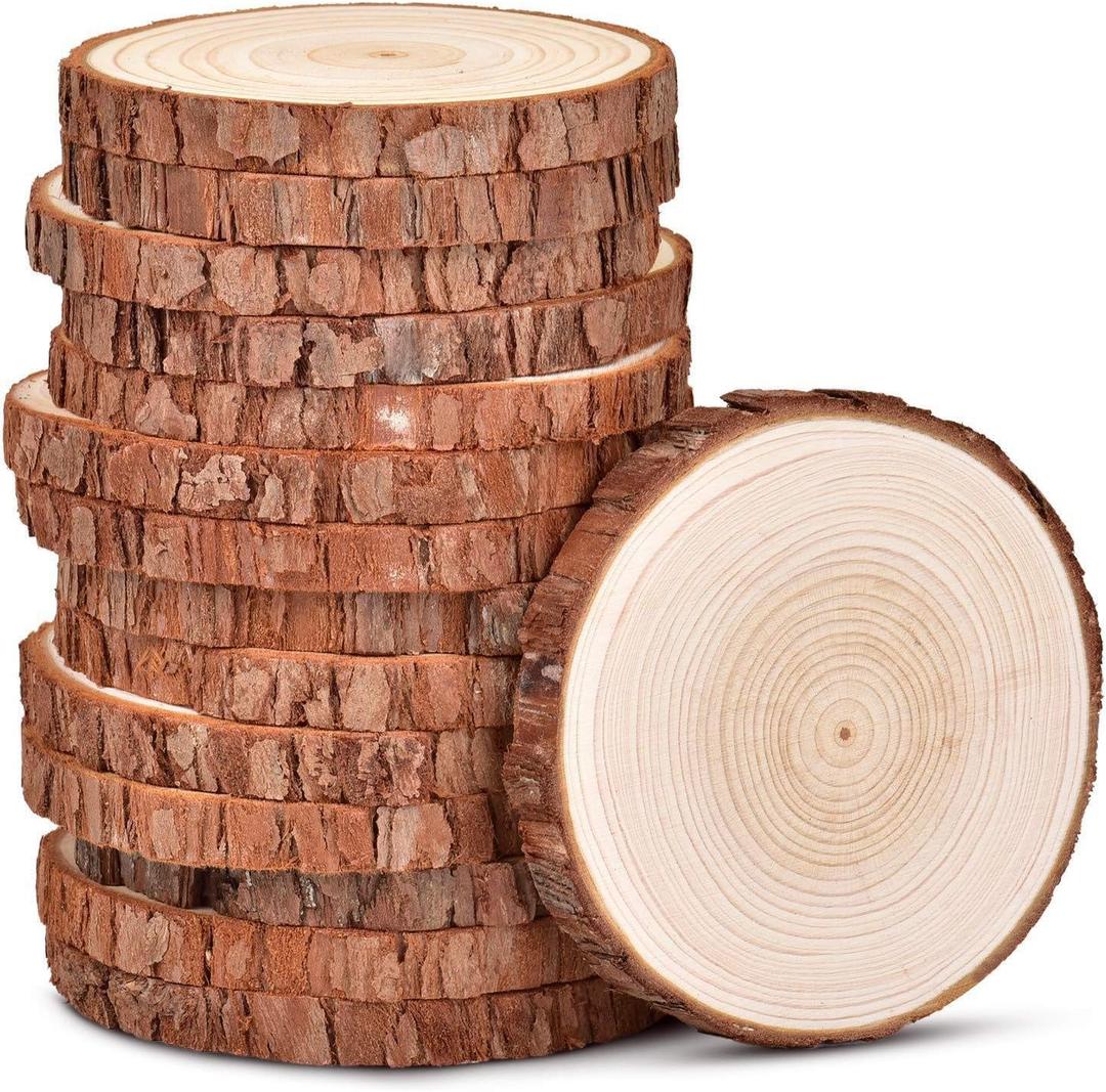 4.3-4.7 inch Unfinished Natural with Tree Bark Wood Slices 15 PCS Natural Round Discs Rustic Wood Slices for DIY Crafts, Table Base, Wedding Decoration,Coasters,Christmas Ornaments.