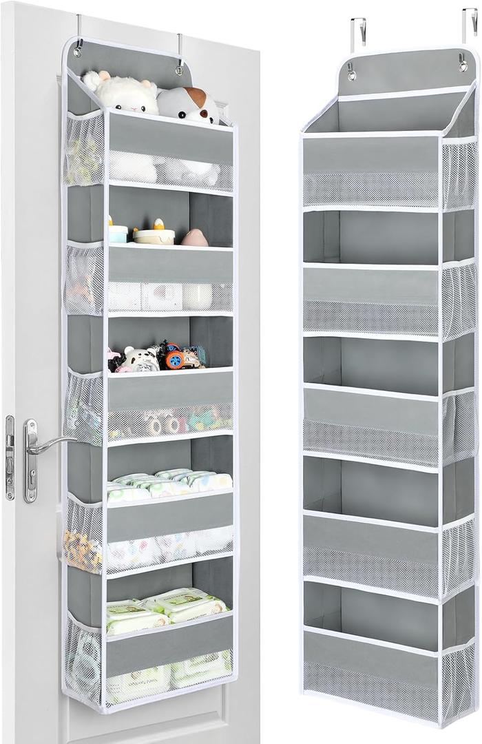 Yecaye 1 Pc Over the Door Organizer with 5 Bins 10 Side Pockets, 44lbs Load Hanging Bathroom and Bedroom Organizer, behind the Door Hanging Organizers for Nursery Newborn Baby Essential Stuff Grey