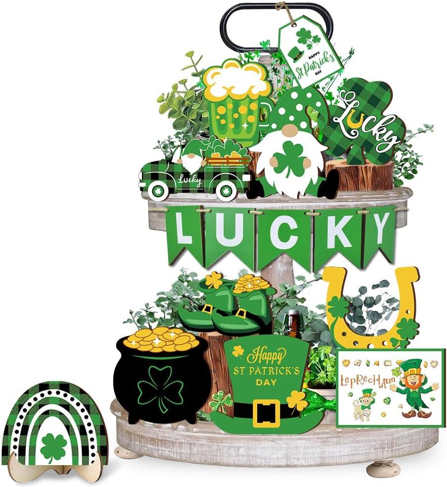 Quimoy 20 Pcs St. Patrick's Day Tiered Tray Decor, Green Shamrock Gnome Truck Wood Sign, Lucky St Patrick's Day Table Decorations for Home Kitchen, Rustic Farmhouse Decor