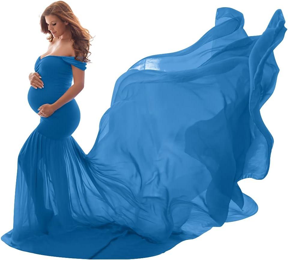 Women Maternity Dress for Photography Mermaid Off Shoulder Slim Fitted Chiffon Gown Flowy Baby Shower Maxi Photo Props Dress (One Size, Sky Blue)