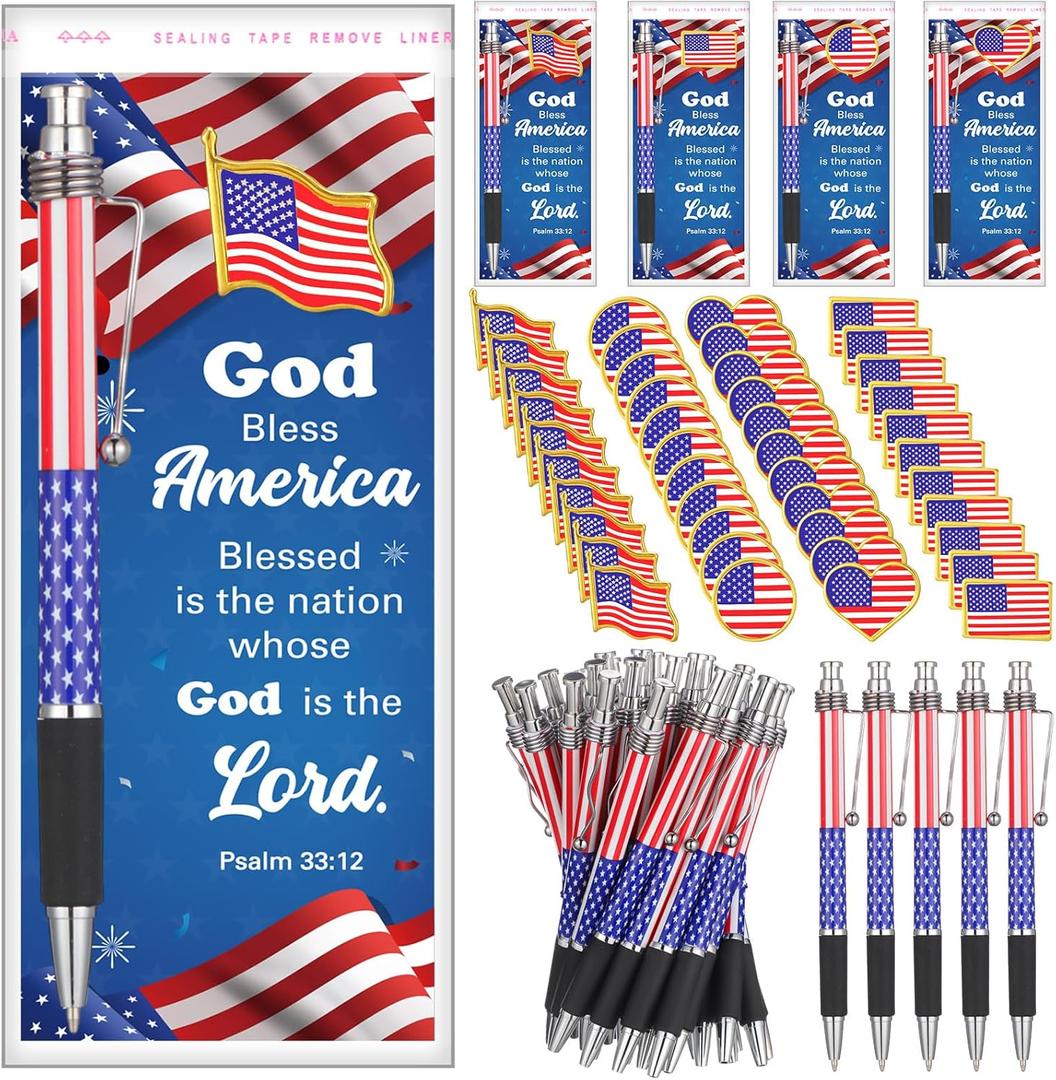 80 Pcs 4th of July Gift Bulk American Flag Ballpoint Pens USA Flag Lapel Pins and Patriotic Bookmarks Memorial Day Gifts for Veterans Souvenirs Independence Day Party Supplies