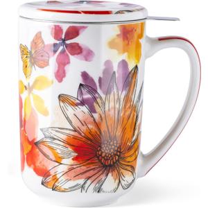 GBhome Tea Mug with Infuser and Lid, 18 Ounce Large Ceramic Loose Leaf Cup, Microwave, Dishwasher Safe, Perfect For Tea Lovers