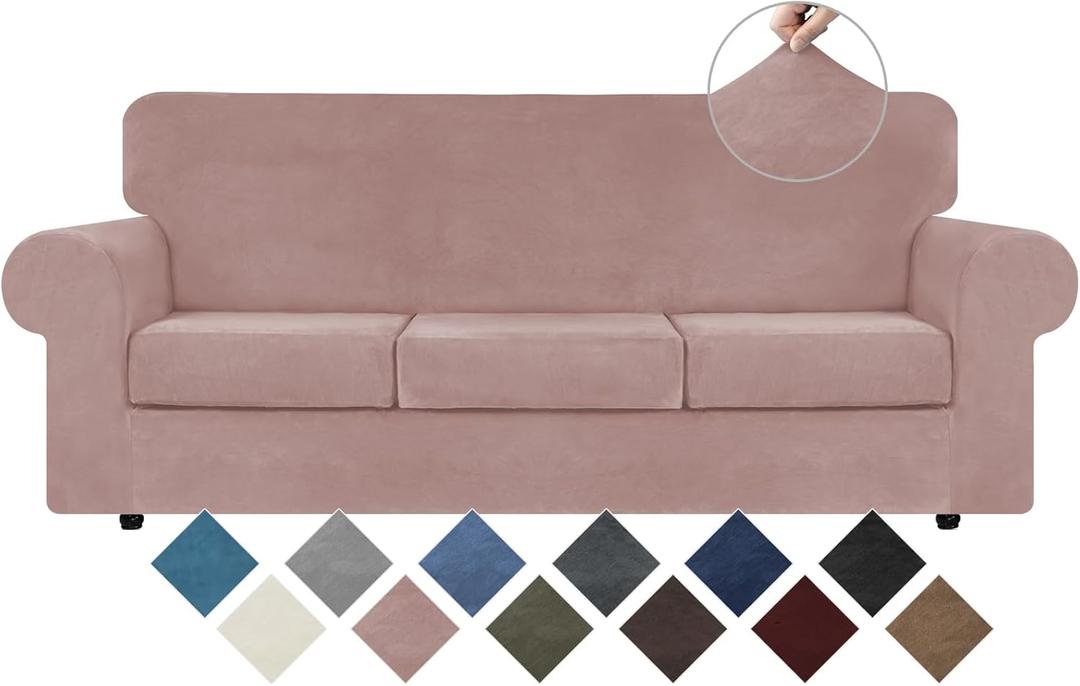 WEERRW 4 Pieces Velvet High Stretch Couch Covers for 3 Cushion Couch Sofa Slipcovers, Washable Furniture Protector with Non Slip Elastic Bottom, Feature Soft and Thick Plush Fabric, Pink, Large