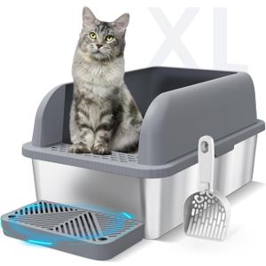 Enclosed Stainless Steel Cat Litter Box with Lid Extra Large Litter Box for Big Cats XL Metal Litter Pan Tray with High Wall Sides Enclosure, Non-Sticky, Anti-Leakage (Grey) (6" Deep Dark Grey)