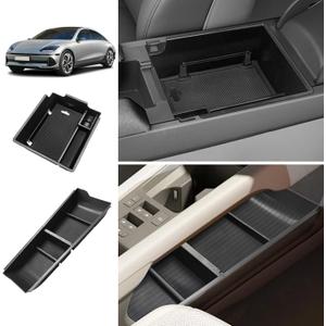 BestEvMod for Ioniq6 Armrest Storage Box and Lower Center Console Organizer Tray 2PCS with Rubber Black Trim Compatible with Hyundai Ioniq 6 SE SEL Limited 2023 2024 2025 Accessories (2PCS)