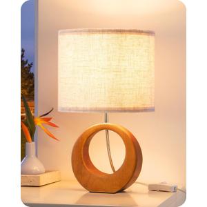 EDISHINE 13.4" Small Table Lamp, Wood Nightstand Lamp with Beige Linen Lampshade & ON-Off Switch, E26 Base, Boho Bedside Lamp for Living Room, Bedroom, Dark Pearwood