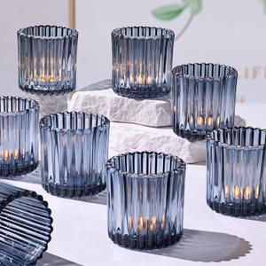 8pcs Large Blue Votive Candle Holders, 2.95"2.95" Ribbed Blue Candle Holders, Votive Candle Holder for Wedding Decor, Bridal Shower Decorations, Table Centerpiece