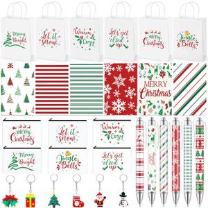 Resholder 30 Pcs Christmas Appreciation Gifts, 6 Makeup Bags 6 Paper Gift Bags 6 Keychains with Pendant 6 Inspirational Notepad Small Pocket Notebook and 6 Ballpoint Pen Office(Red and Green)