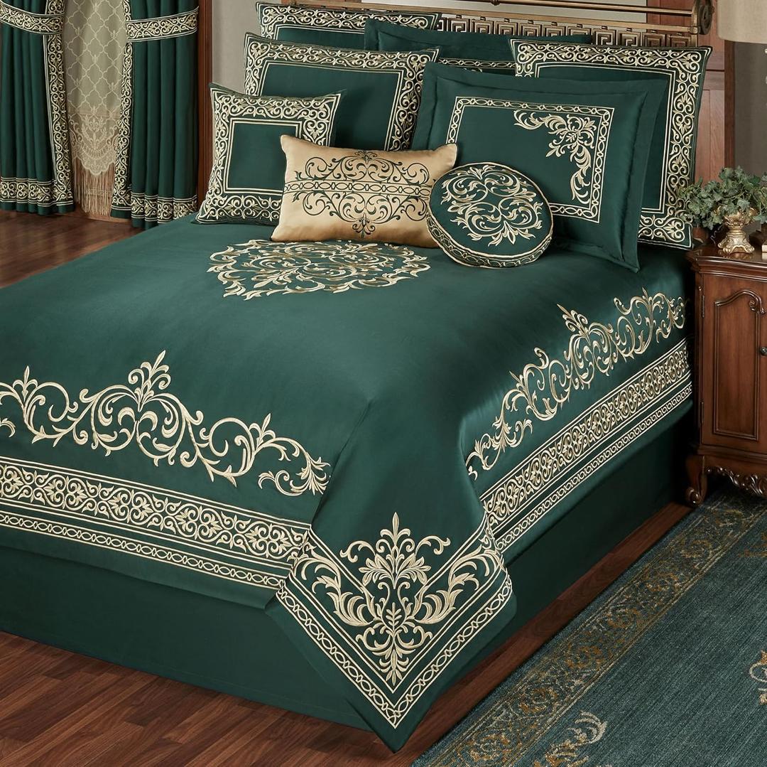 Balmoral Luxury Bedding | Imperial Emerald Green | Palace-Inspired Golden Scrollwork Embroidery on Sateen | 7 Piece Set Includes Cal King Comforter, Bedskirt, 2 King Shams, and 3 Decorative Pillows