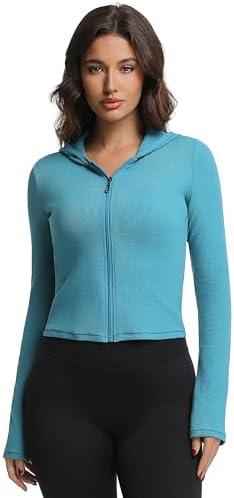Abonlen Ribbed Hoodies for Women Lightweight Full Zip Up Jackets Long Sleeves Tops Fitted Cropped Sweatshirt L