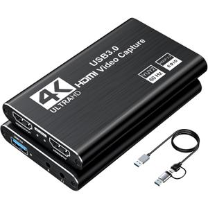 Video Capture Card, Audio Video Capture Card, USB 3.0 Capture Card 4K HDMI Loop-Out, 1080P 60FPS/2K 30FPS Video Game Capture for Streaming Works for PS5/Switch/Camera/PC/OBS(Black)