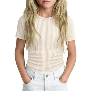 Girls Ribbed Short Sleeve T-Shirt | Crew Neck, Ribbed, Solid, Slim, Basic Layer Tops, Summer, Casual School Outfits, Trendy, Kids, Tween, Teen Youth