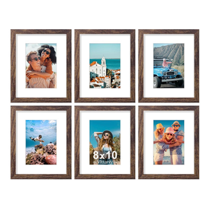 Vittanly 8x10 Picture Frames Set of 6, Shatter Resistant Plexiglass, Display 5x7 Pictures with Mat or 8x10 without Mat, Photo Frames for Wall or Tabletop, Engineered Wood, Brown