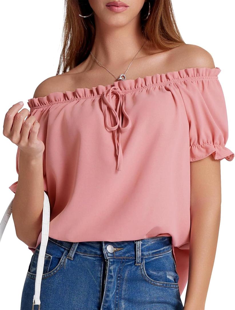 Aupuls Womens Off Shoulder Tops Puffy Sleeve Casual Summer Top Renaissance Shirt (Pink, XL)